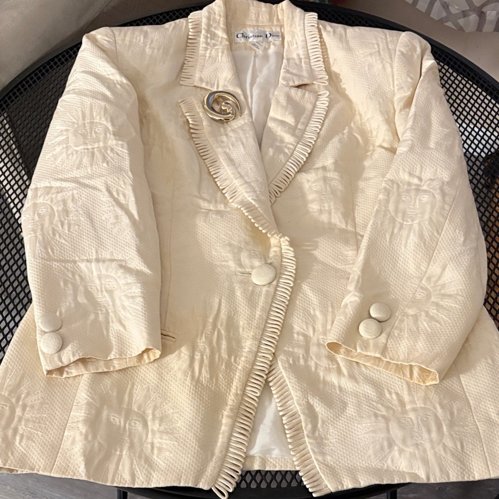 Dior Cream Embroidered Blazer with Gold-tone Brooch